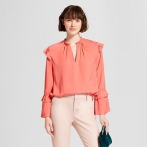 A New Day Coral Long Sleeve Satin Ruffle Blouse